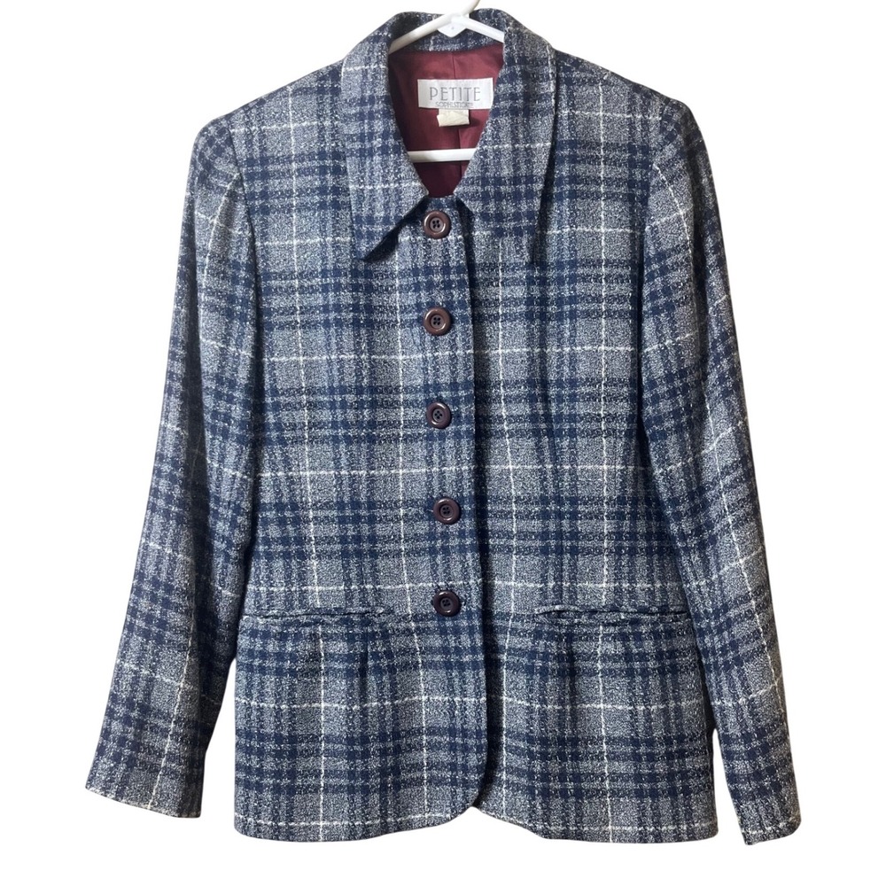 Petite Sophisticate Blue Plaid Blazer Jacket Vintage Dark Academia Size 6 Petite